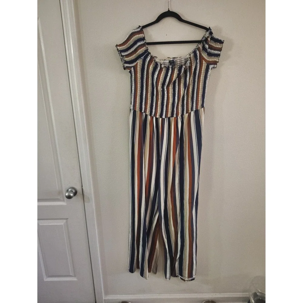 Rue21 Rue 2X Striped Jumpsuit Smocked‎ Off Shoulder Wide Leg Multi Color